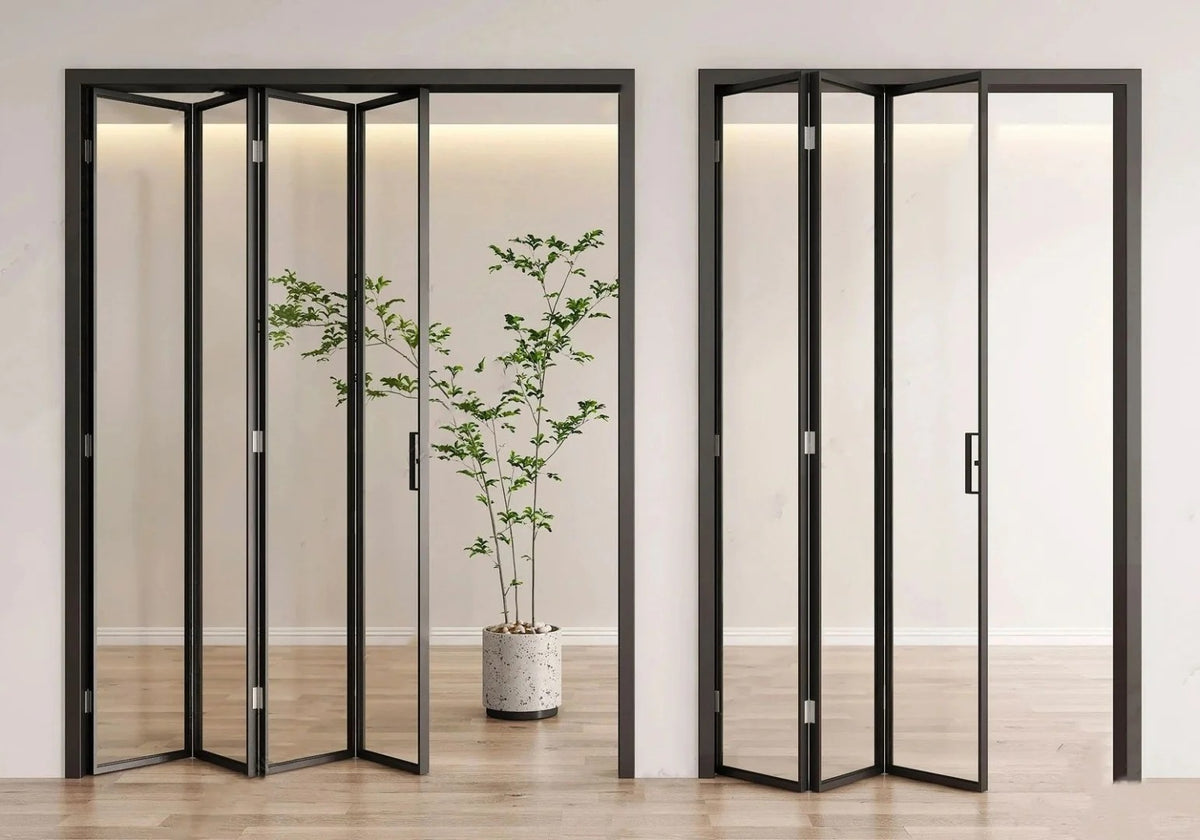 Rothnow aluminum bi-fold door with clear glass and slim white frame, 18x35 series folding door for modern interior or exterior use.