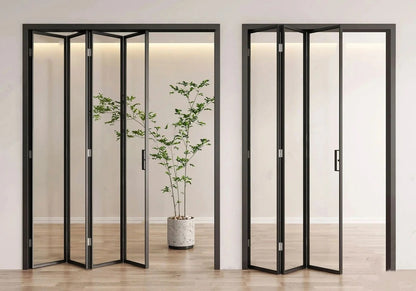 Rothnow aluminum bi-fold door with clear glass and slim white frame, 18x35 series folding door for modern interior or exterior use.