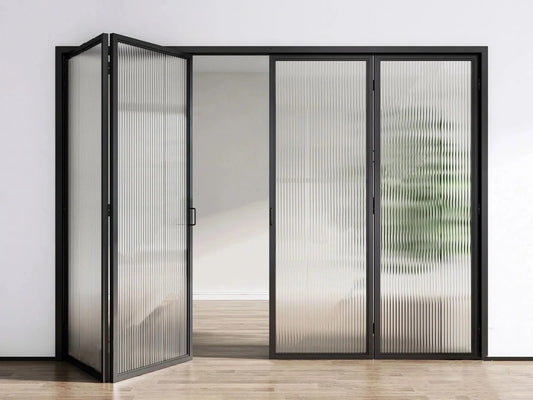 Rothnow aluminum bi-fold door with clear glass panels in white, 18x35 series slim frame folding door for modern interiors.