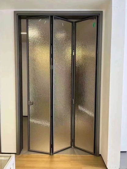 Rothnow aluminum 18x35 series slim frame bi-fold door with clear privacy glass, white finish, for modern interior or exterior use.