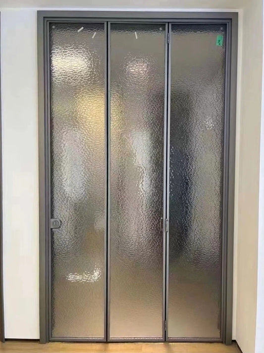 Rothnow aluminum bi-fold door with slim white frame and clear privacy glass, 18x35 series folding door for interior or exterior use.