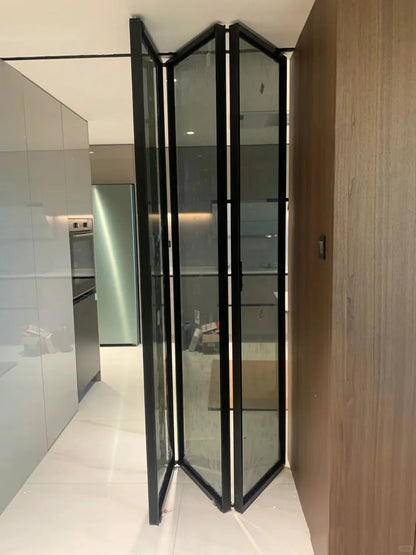 Rothnow aluminum bi-fold door with clear glass panels, white frame, 18x35 series slim design for terrace or folding door use.