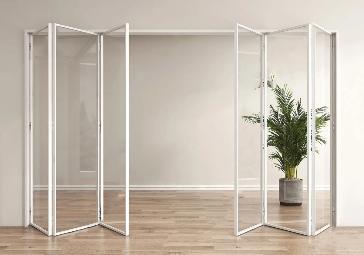 Rothnow® Aluminum 18x35 Series Slim Frame Bi-fold Door with clear glass and white finish, ideal for terrace or folding door installation.