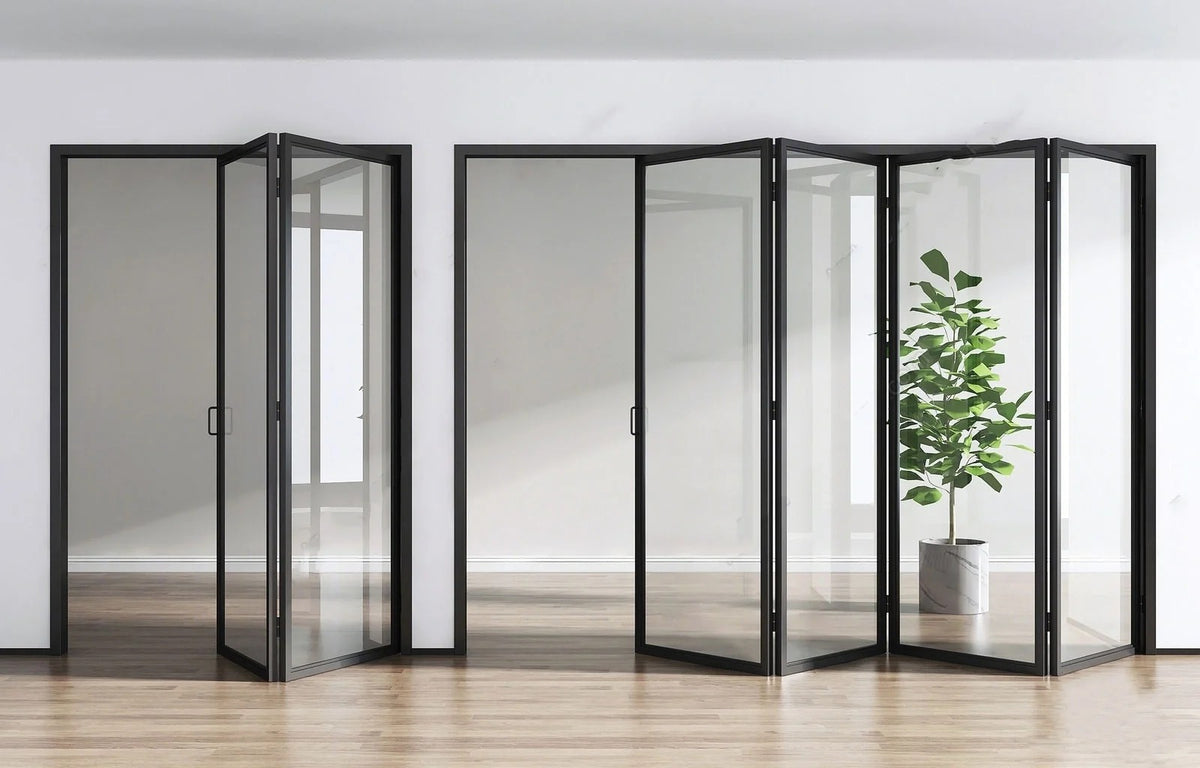 Rothnow Aluminum 18x35 Series Slim Frame Bi-fold Terrace Door with clear glass, white finish, and foldable design.