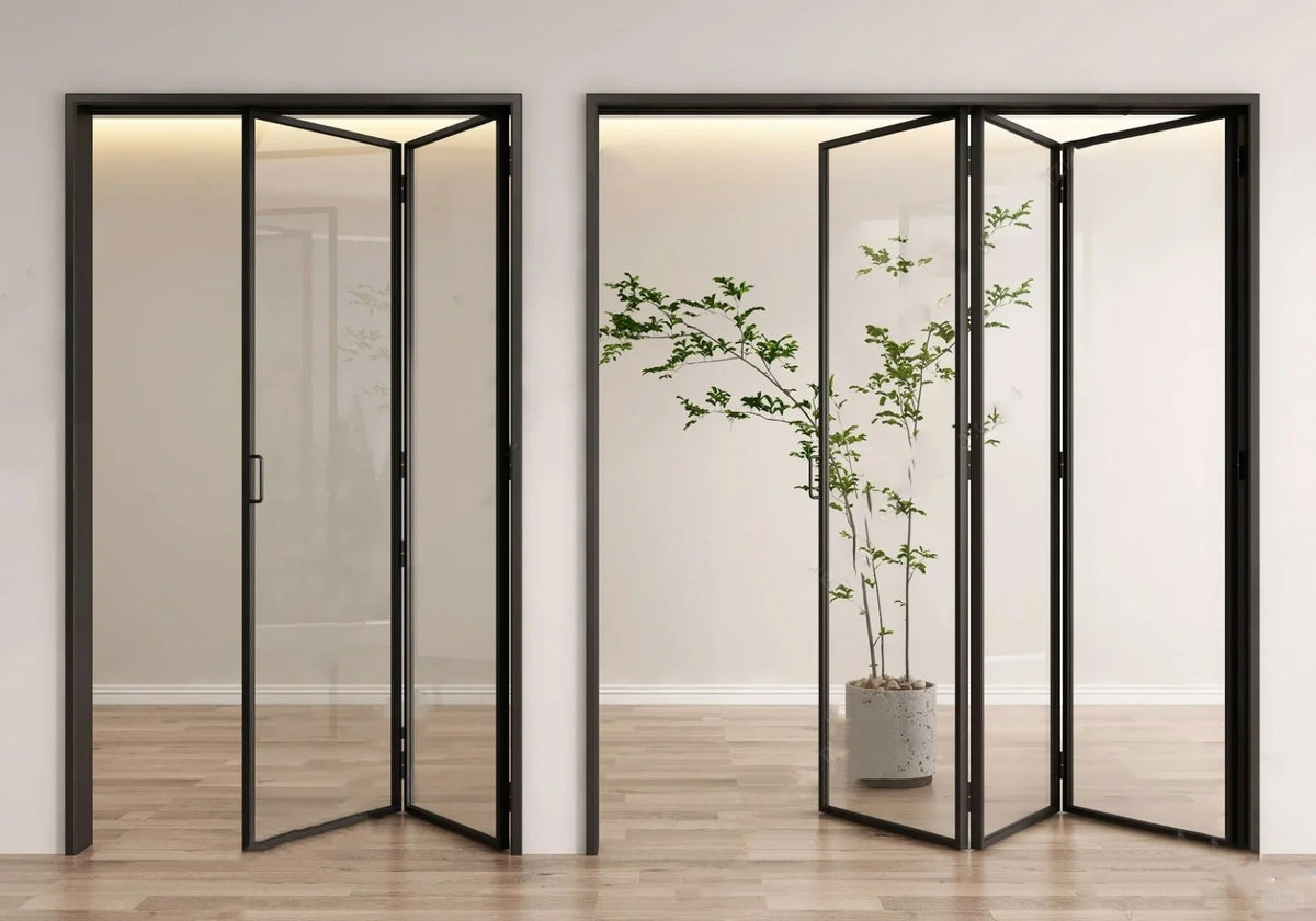 Rothnow aluminum 18x35 series slim frame bi-fold door with clear glass, white finish, ideal for terrace or folding door applications.