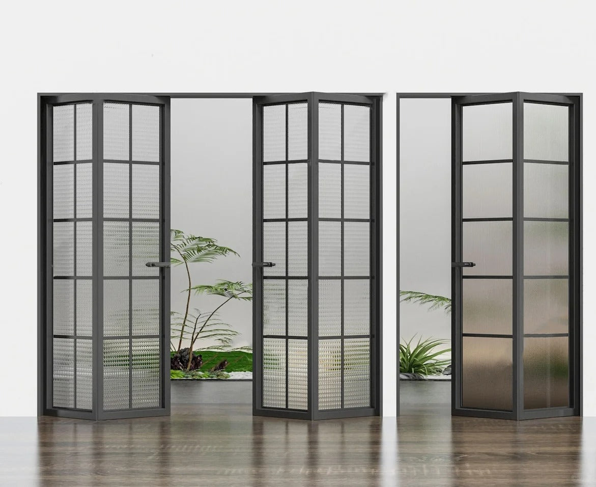 Rothnow Classic French Style Aluminum Bi-Fold Door with clear glass, white frame, 18x35 series, slim design, folding door.