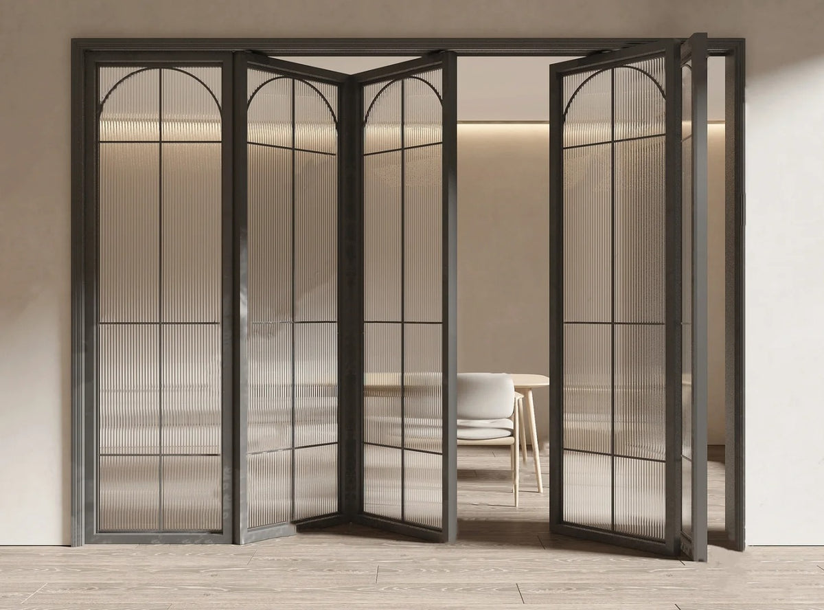 Rothnow Classic French Style aluminum bi-fold door with clear glass, white finish, 18x35 series, slim frame design