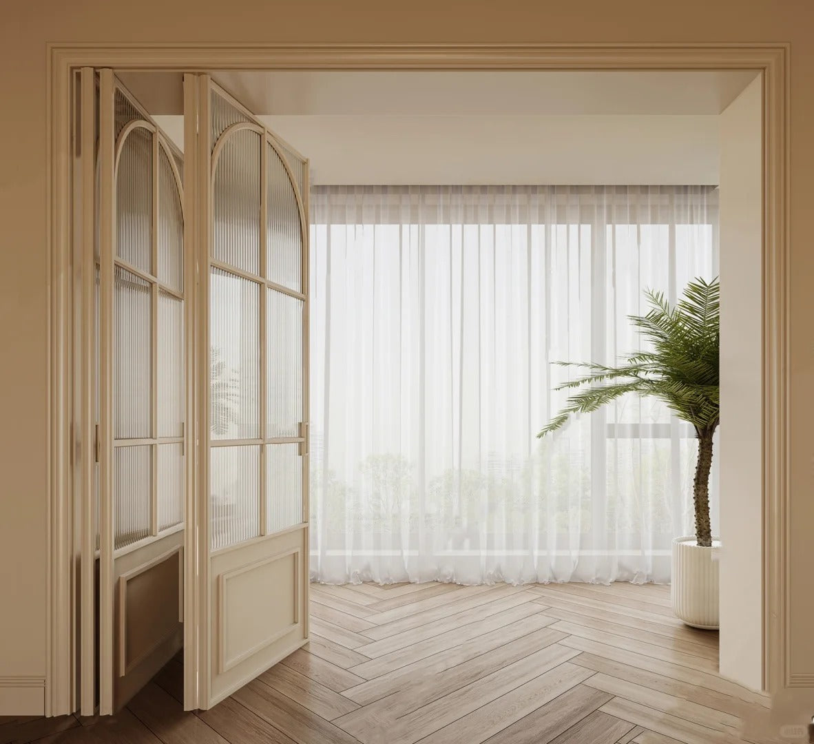 Rothnow Classic French Style Aluminum Door in white with clear glass, 18x35 series slim frame bi-fold folding door.