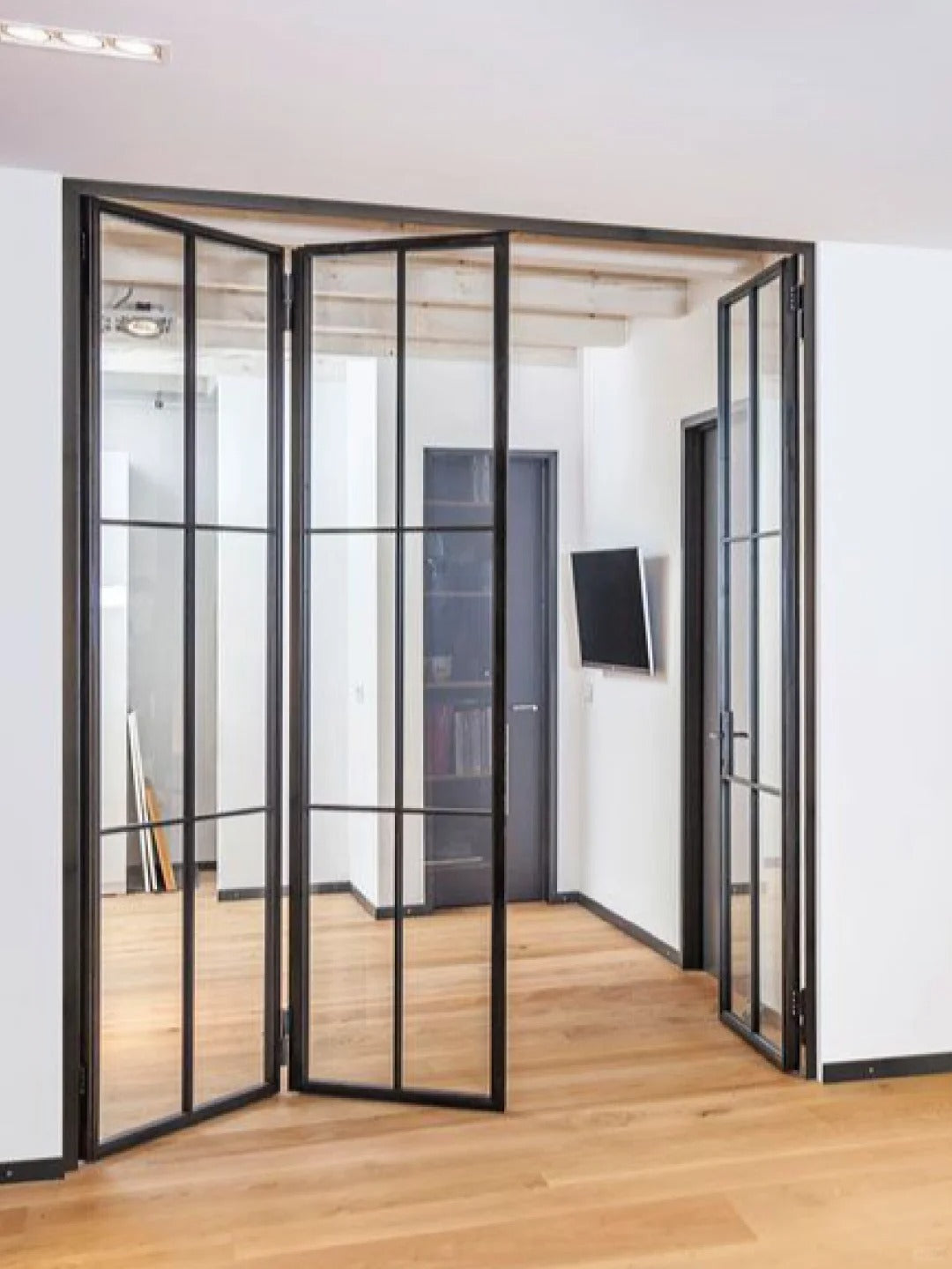 Rothnow® customized French-style aluminum bi-fold door with slim frame, clear glass, white finish, 18x35 series, folding design.