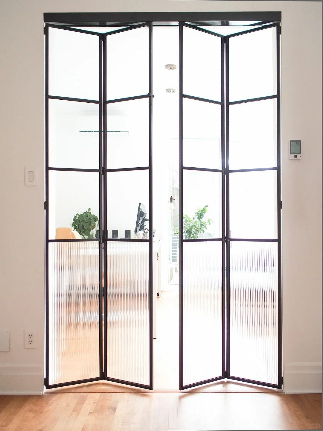 Rothnow® customized French style aluminum bi-fold door with slim white frame and clear glass, 18x35 series folding door for modern homes