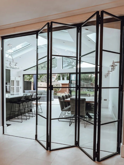 Rothnow® customized French-style aluminum bi-fold door with clear glass, slim frame design, 18x35 series, white finish.