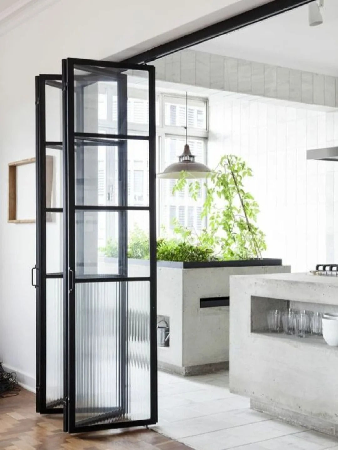 Rothnow® French Style Aluminum Bi-fold Door with slim frame, clear glass, white finish, measuring 18x35 series for stylish indoor/outdoor use.