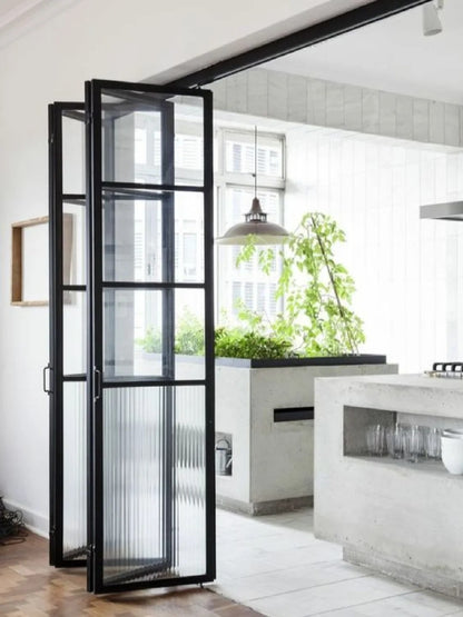 Rothnow® French Style Aluminum Bi-fold Door with slim frame, clear glass, white finish, measuring 18x35 series for stylish indoor/outdoor use.