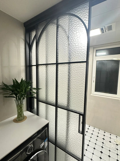Rothnow French Style Aluminum Sliding Door with clear glass, white frame, 16x45 series, ideal for bathroom or room entry.