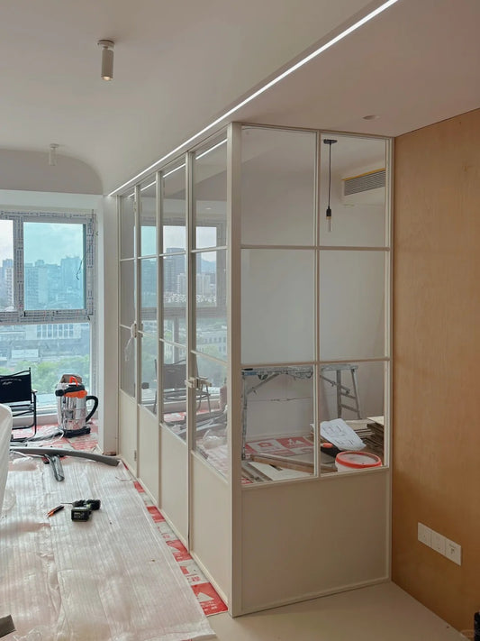 Rothnow French Style Aluminum Bi-fold Door with slim frame, clear glass, white finish, 18x35 series, folding door design.