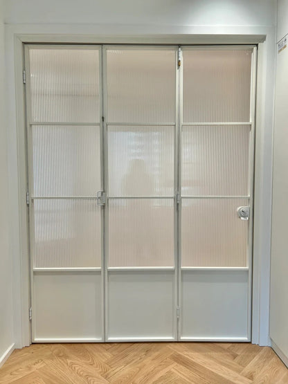 Rothnow French Style Aluminum Bi-fold Door with slim white frame and clear glass, 18x35 series, ideal for living room spaces
