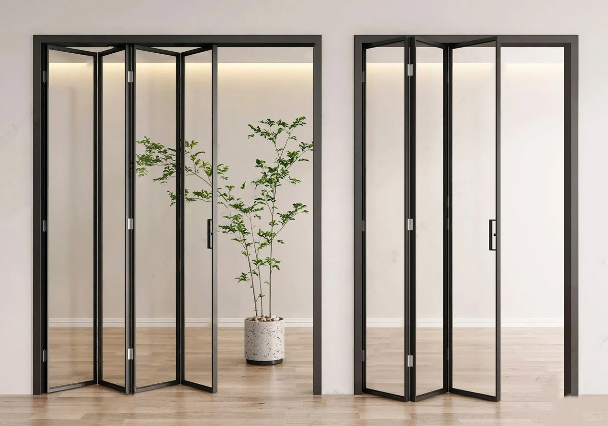 Rothnow Minimalism aluminum bi-fold door with clear glass panels, slim frame, and white finish, measuring 16x45 series.