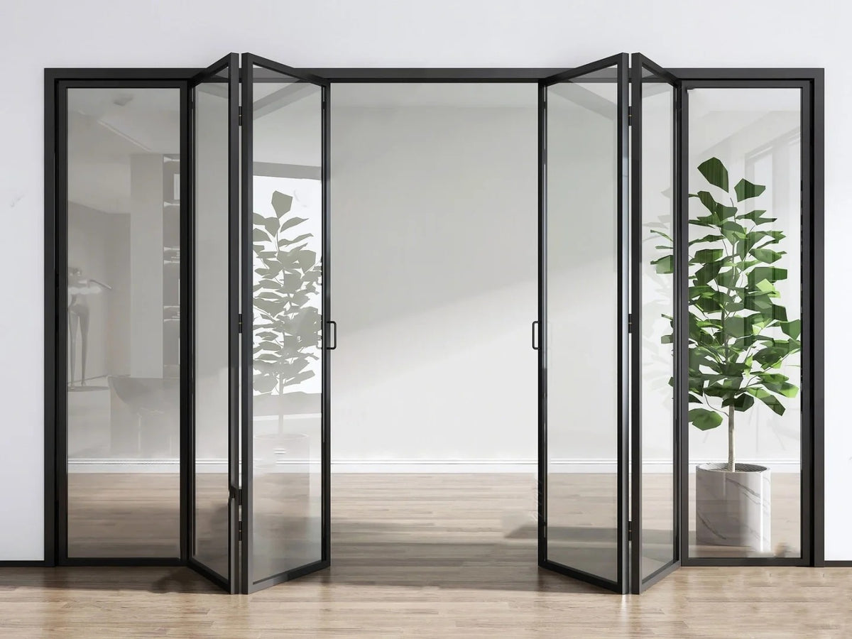 Rothnow® Minimalism aluminum bi-fold door with clear glass panels, slim frame, white finish, 16x45 series, for modern interior spaces.