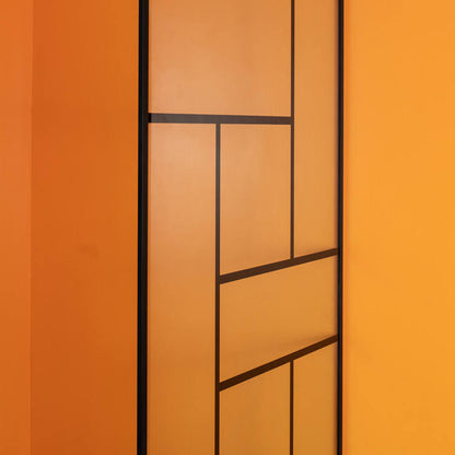 Rothnow® shower panel with fixed shower door, black finish, featuring decorative art strips for modern bathroom decor.