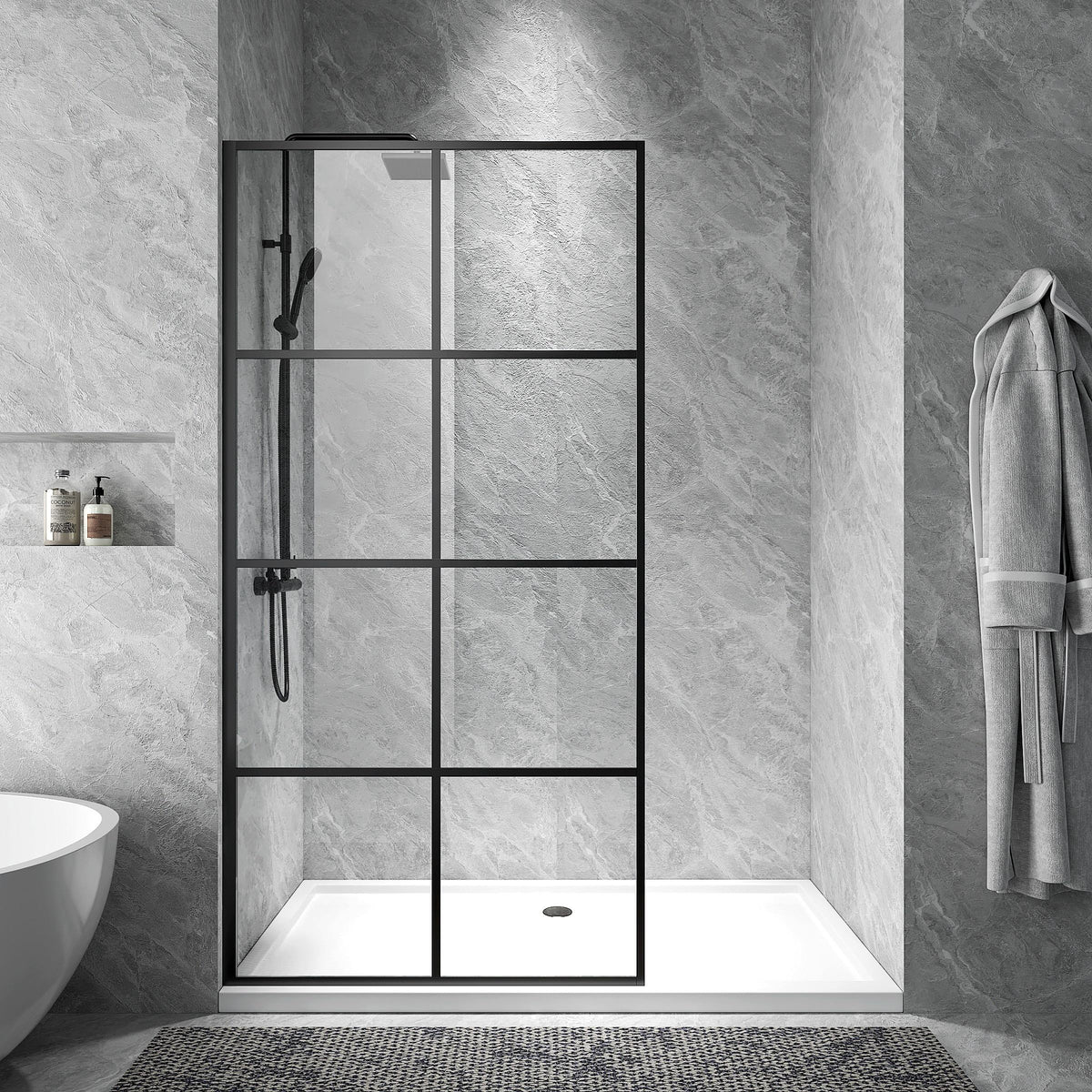 Black Rothnow shower panel with fixed French-style shower door, 800mm wide and 2200mm tall, modern bathroom fixture