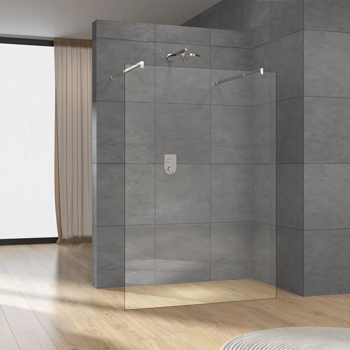 Rothnow® black fixed shower door panel, ground-mounted, 800mm wide and 2200mm high, for modern shower enclosure.