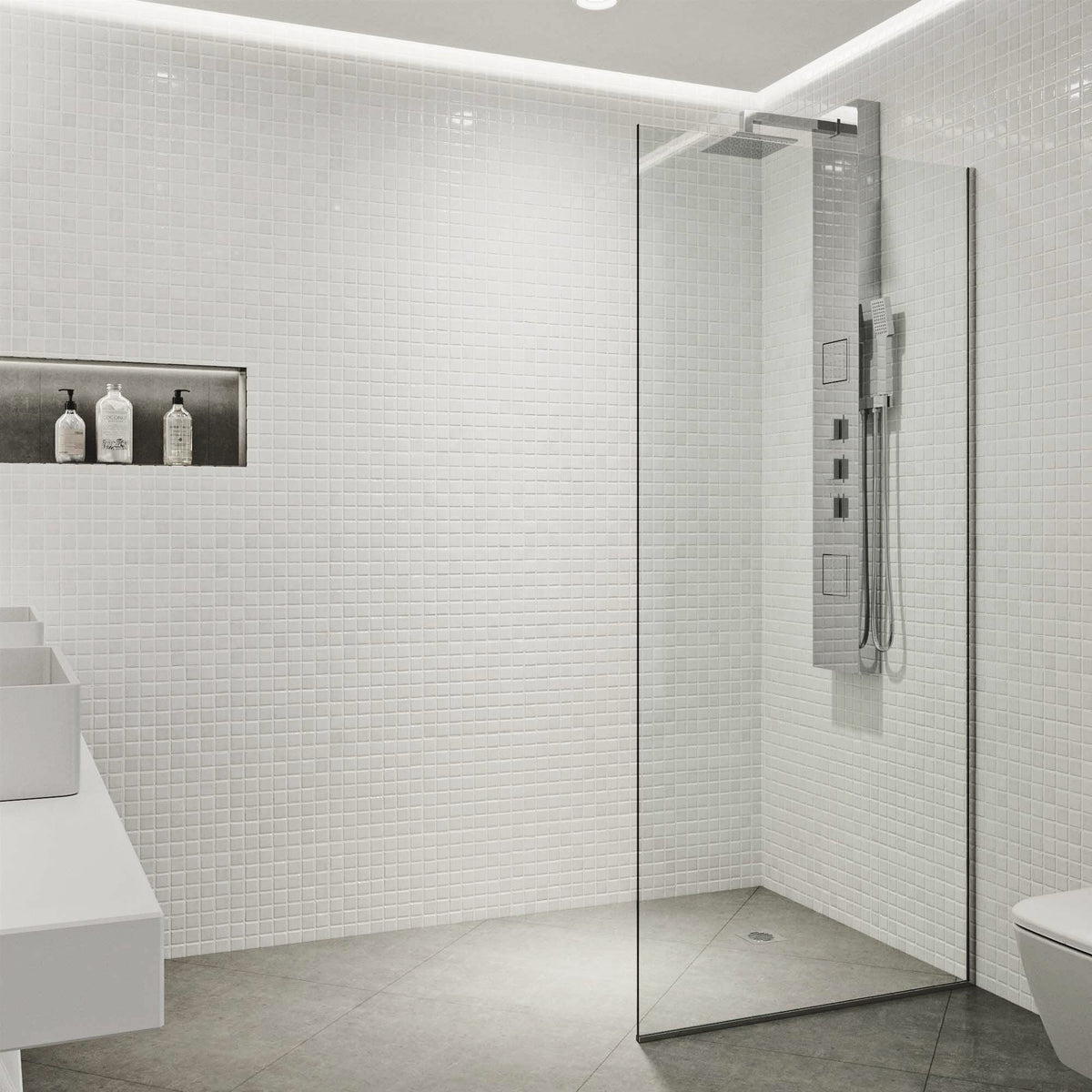 Rothnow® shower panel with fixed minimalist black shower door, 800mm wide and 2200mm high for modern bathroom style