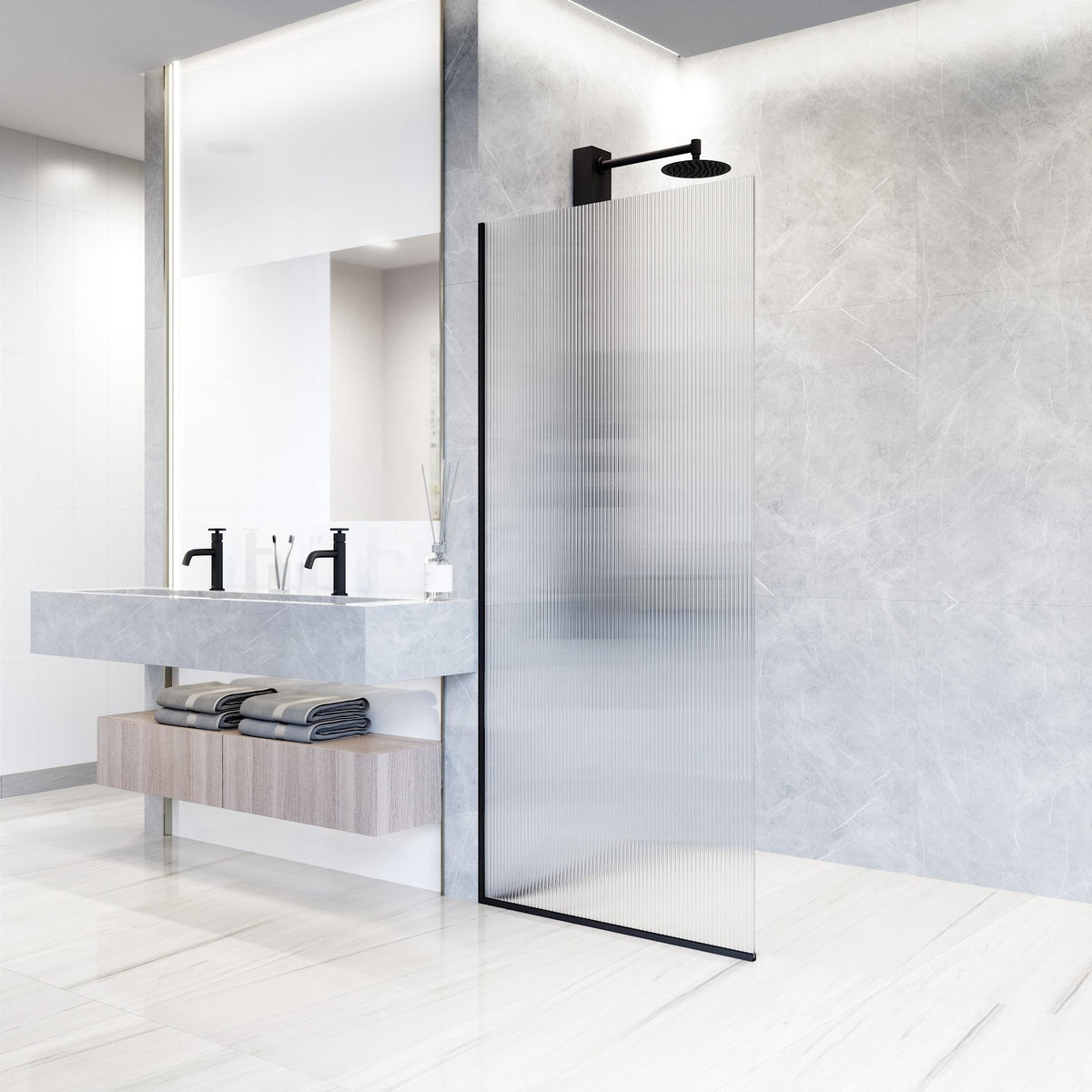 Rothnow fixed shower door with waved glass and black profile, 800mm width, 2200mm height, modern black-framed shower panel