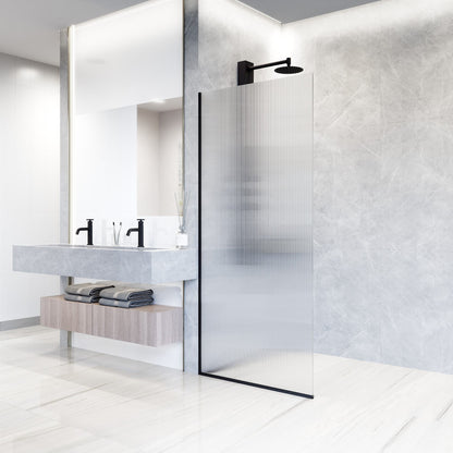 Rothnow fixed shower door with waved glass and black profile, 800mm width, 2200mm height, modern black-framed shower panel