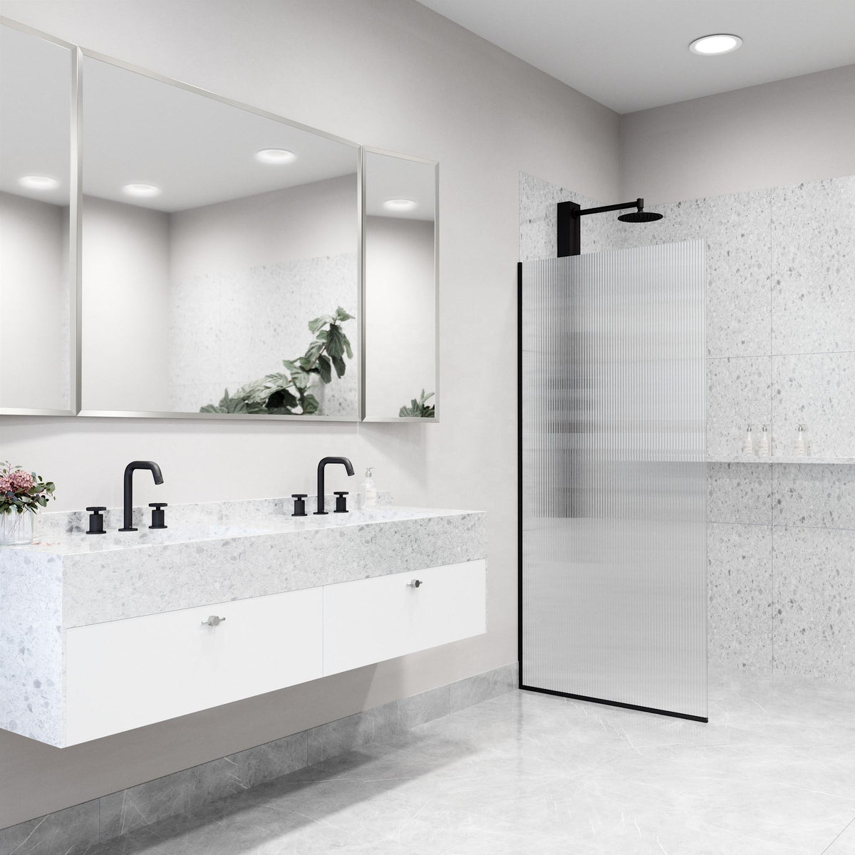 Rothnow® fixed shower door with waved glass and black profile, 800mm wide and 2200mm tall, for modern shower enclosures