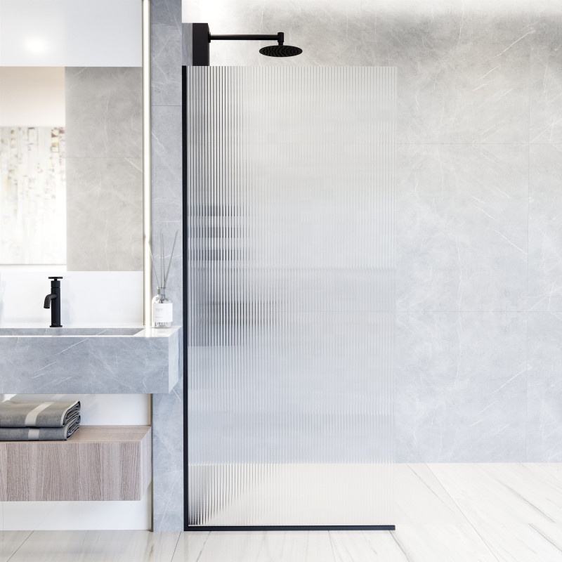 Rothnow fixed shower door with waved glass and black profile, 800mm wide and 2200mm high, for modern bathroom shower enclosure.