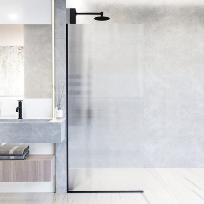 Rothnow fixed shower door with waved glass and black profile, 800mm wide and 2200mm high, for modern bathroom shower enclosure.