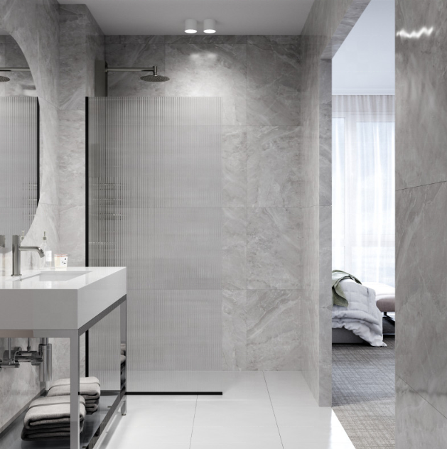 Rothnow® fixed shower door with waved glass and black profile, 800mm width and 2200mm height, modern bathroom shower enclosure