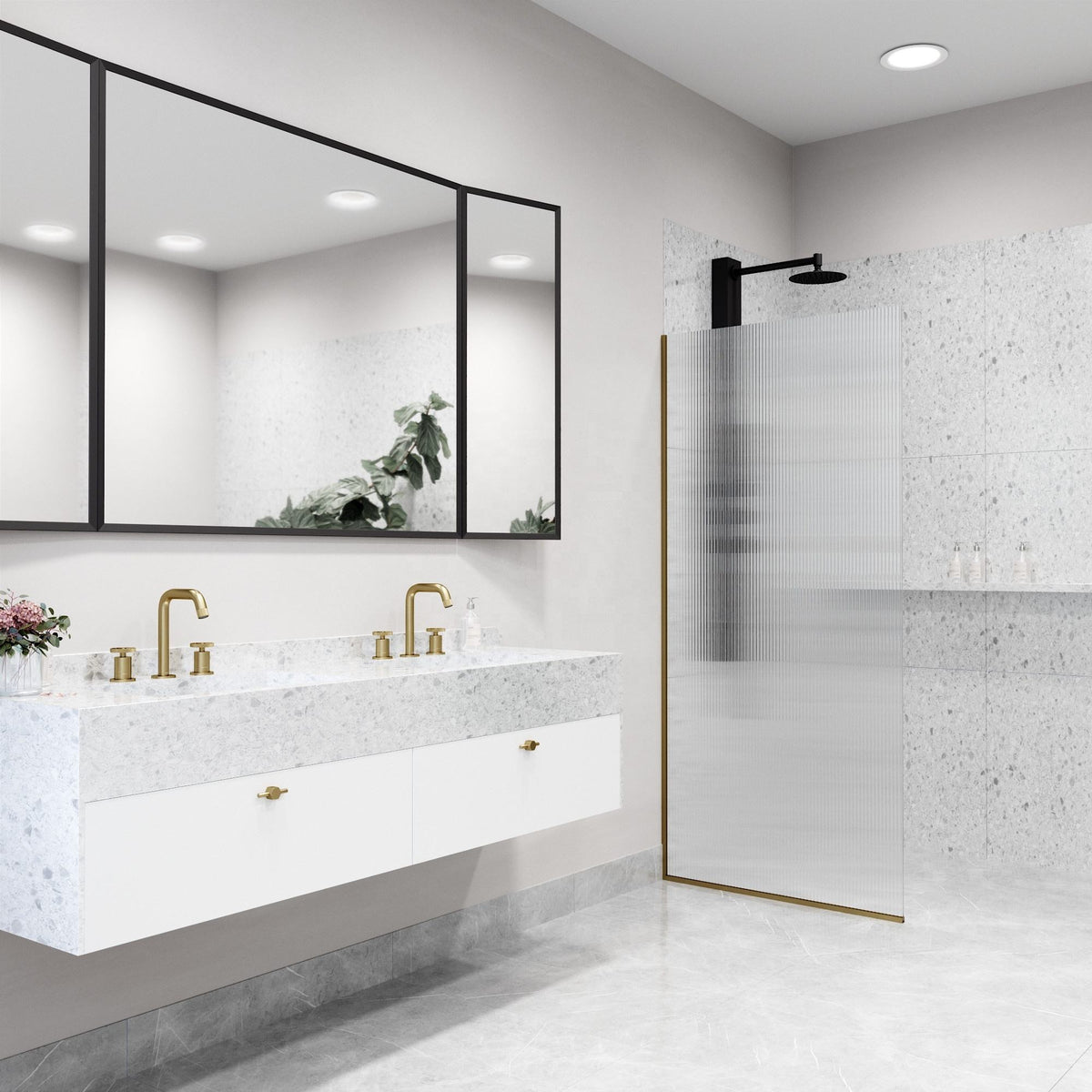 Rothnow fixed shower door with waved glass and golden profile, 800mm wide, for modern bathroom shower enclosure.