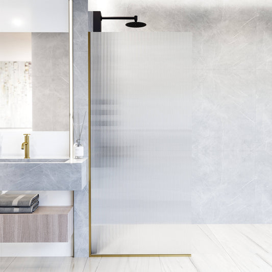 Rothnow® fixed shower door with waved glass and golden profile, 800mm wide, 2200mm high, featuring a sleek black frame.