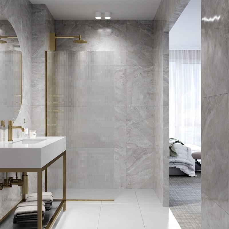 Rothnow fixed shower door with waved glass and golden profile, black shower panel for modern bathroom enclosure.