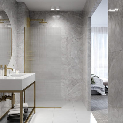 Rothnow fixed shower door with waved glass and golden profile, black shower panel for modern bathroom enclosure.