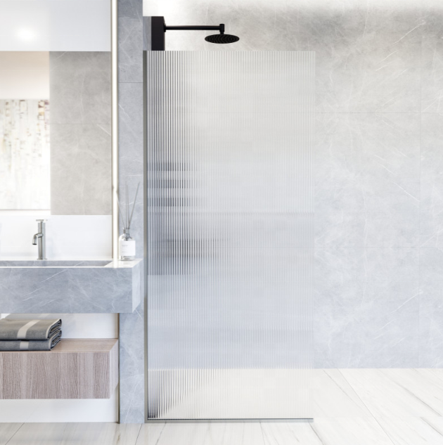 Rothnow® shower panel with fixed waved glass door and grey profile, 800mm wide and 2200mm high, modern shower enclosure.