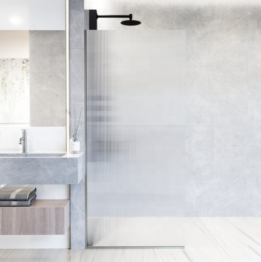 Rothnow® shower panel with fixed waved glass door and grey profile, 800mm wide and 2200mm high, modern shower enclosure.