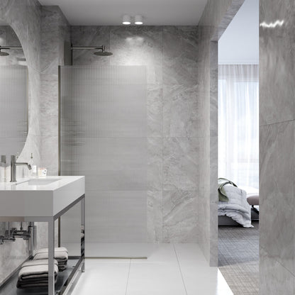 Rothnow® fixed shower door with waved glass and grey profile, 800mm wide and 2200mm high, modern shower panel for bathrooms.
