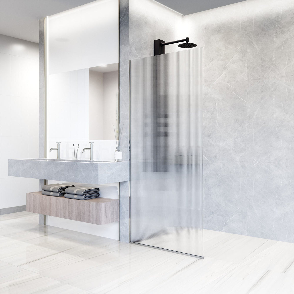Rothnow® fixed shower door with waved glass and silver profile, 800mm width, sleek modern design for shower enclosure.