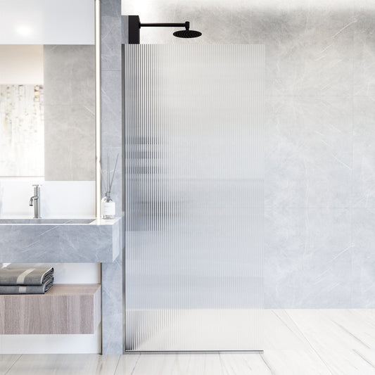 Rothnow® fixed shower door with waved glass and silver profile, 800mm width, 2200mm height, black frame, for modern bathroom shower.