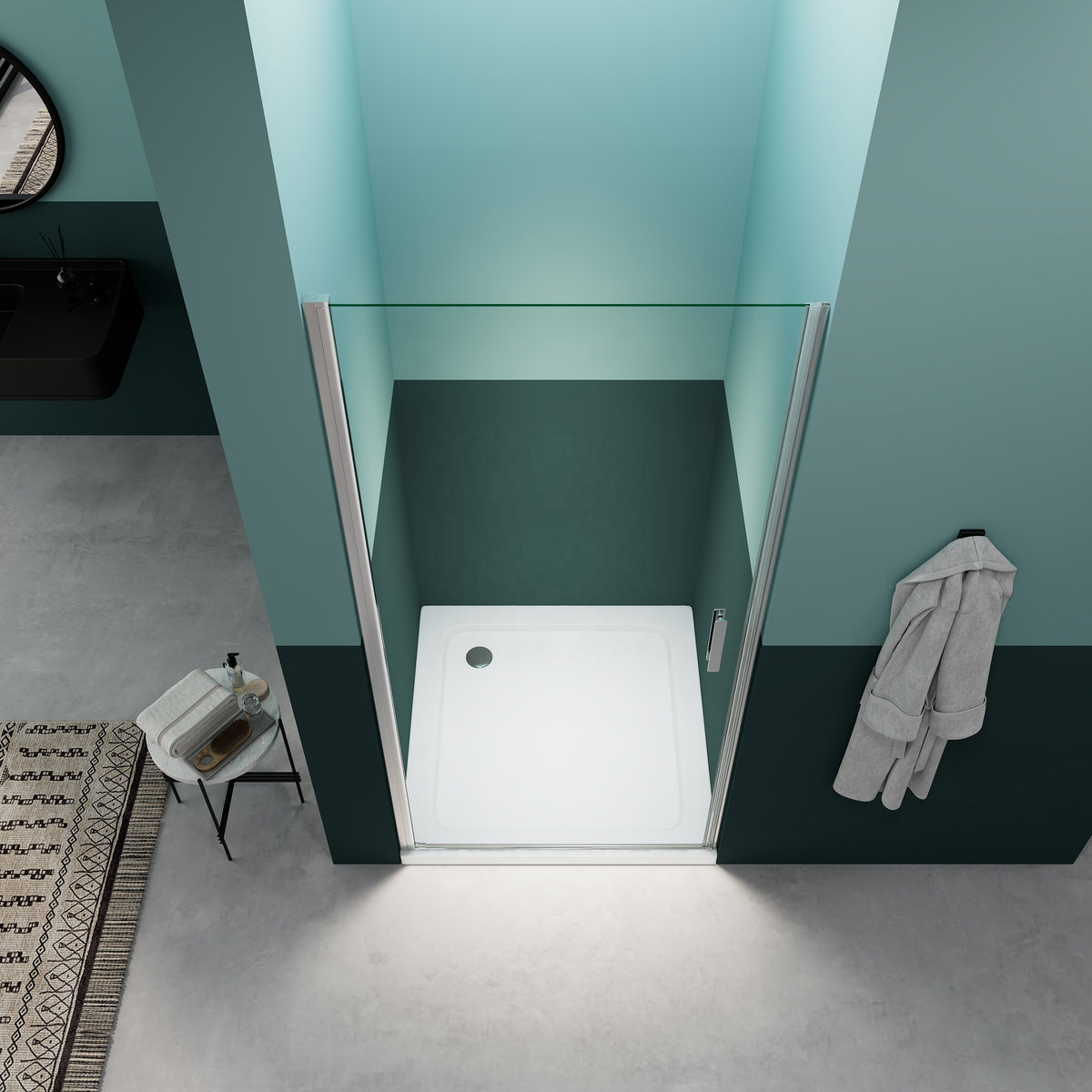 Rothnow® black hinged shower door in minimalist style, 800mm wide and 2200mm high, modern shower panel and door design