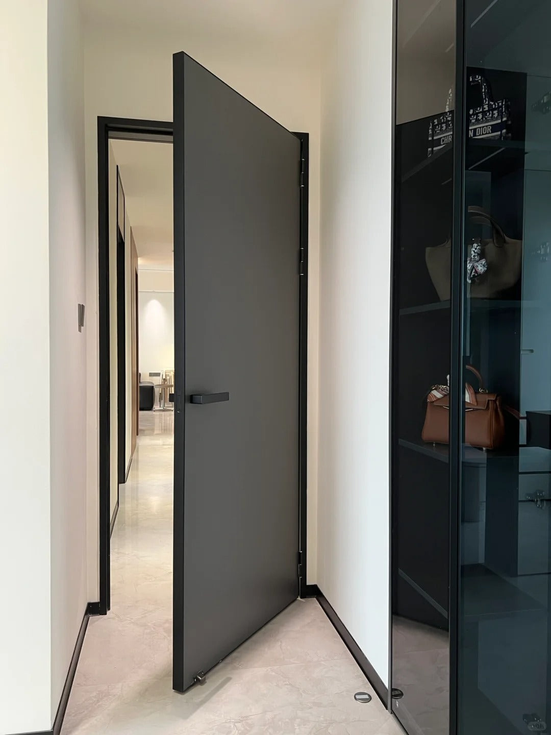 Rothnow Aluminum Wooden Swing Door in brown, 800mm wide, 2100mm tall with 150mm wall thickness, modern door design.
