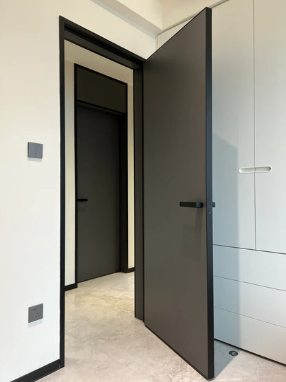 Rothnow aluminum wooden swing door in brown, 800mm wide, 2100mm high with 150mm wall thickness for interior or exterior use.