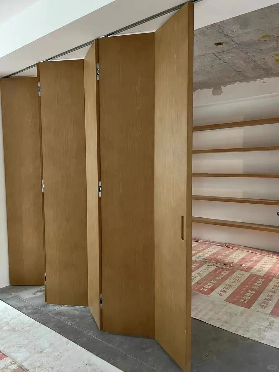 Rothnow Aluminum Wooden Folding Door with wood grain finish, 800mm wide and 2100mm tall, ideal for interior or exterior use
