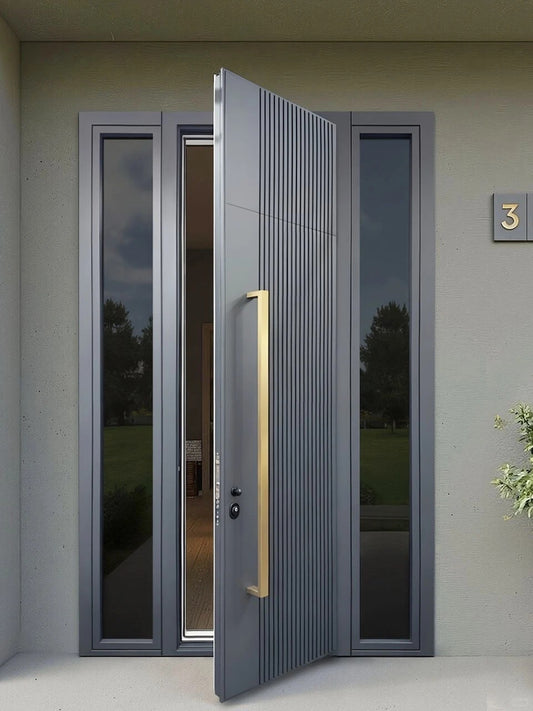 Rothnow cast aluminum front door with brown finish, 800mm wide, 2100mm tall, swing entrance door with wall thickness 150mm.