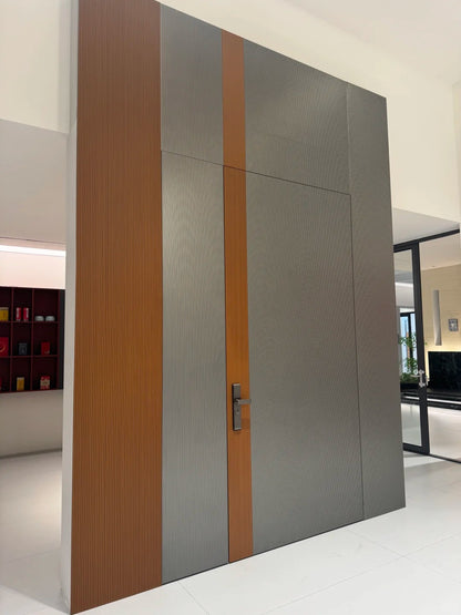Rothnow® cast aluminum front door with brown finish, swing design, 800mm wide and 2100mm high, wall thickness 150mm.