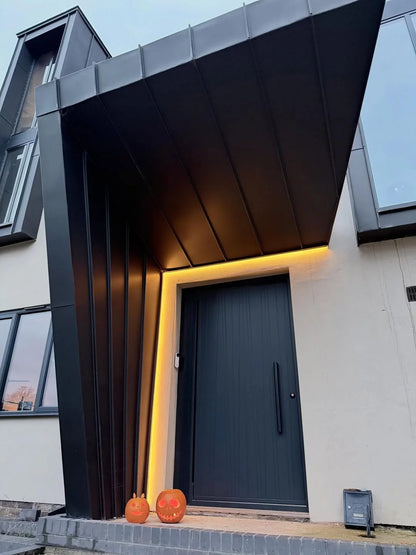 Brown Rothnow cast aluminum front door with pivot design, 800mm wide and 2100mm high, featuring a sturdy wall-thickness.