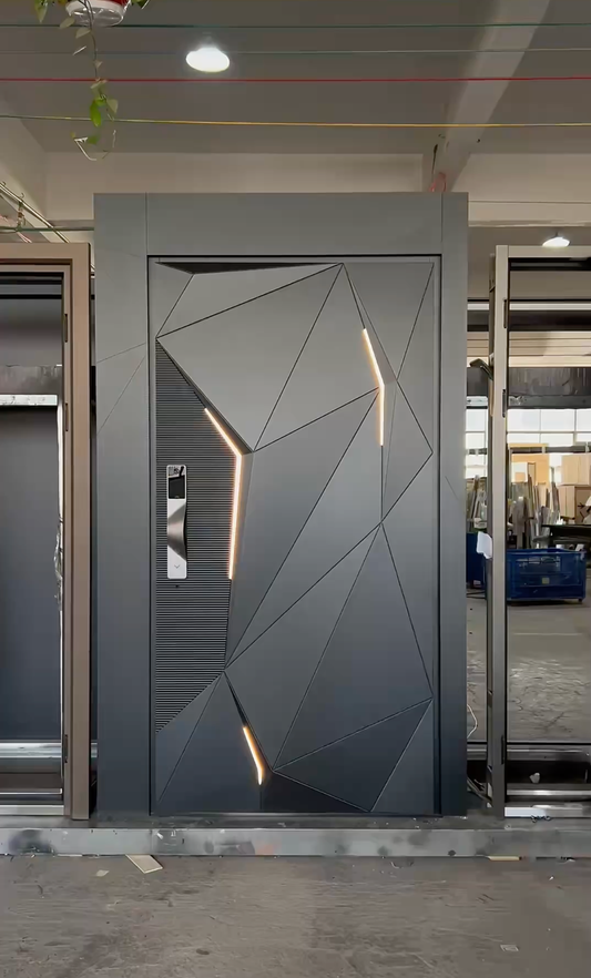 Rothnow® cast aluminum front door with brown finish, pivot design, 800mm wide and 2100mm high, wall thickness 150mm.