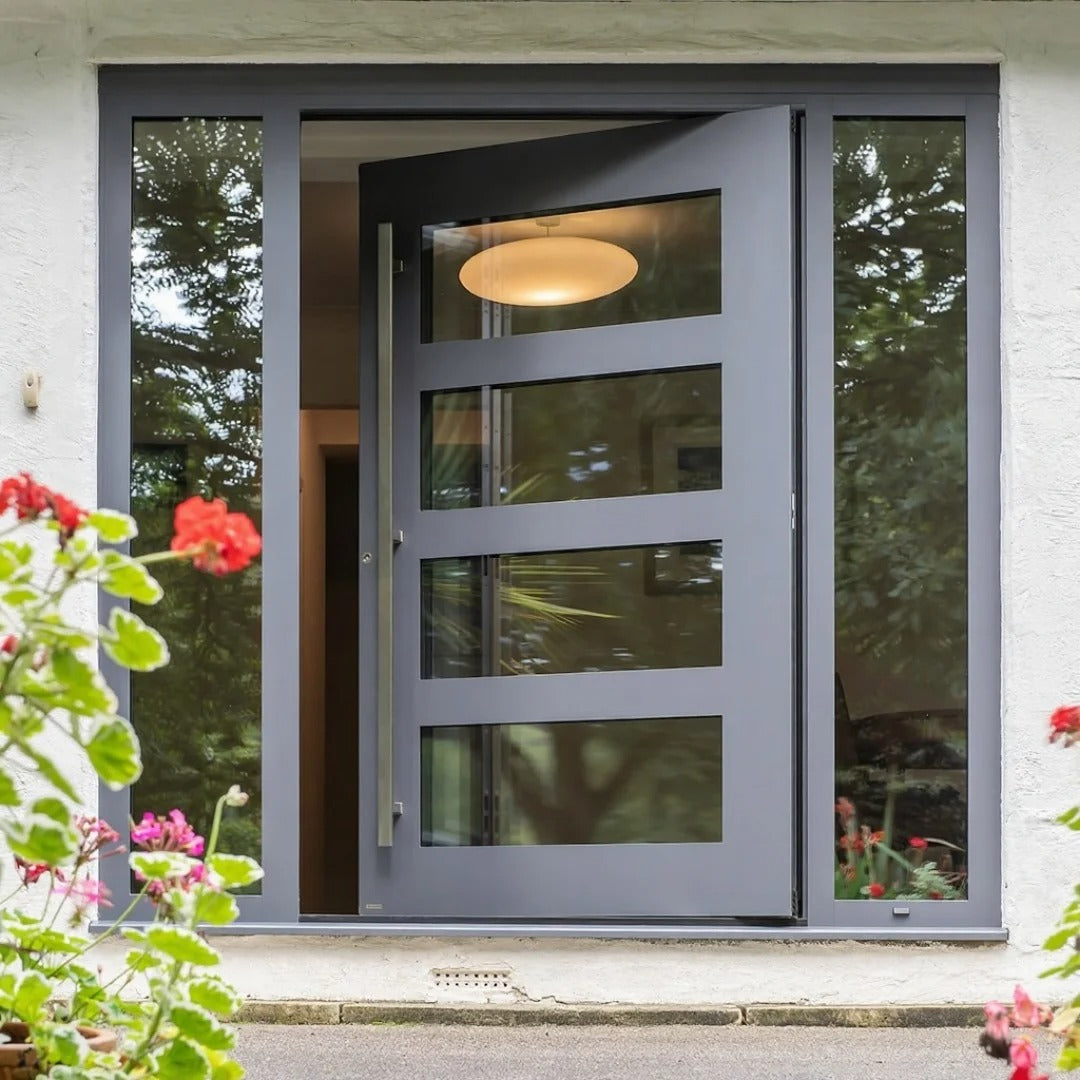 Rothnow® cast aluminum front door with brown finish, pivot design, 800mm wide and 2100mm tall, wall thickness 150mm.
